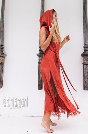 Long Linen Shirt Dress with Hood & High Slit / Red Ochre - ChintamaniAlchemi