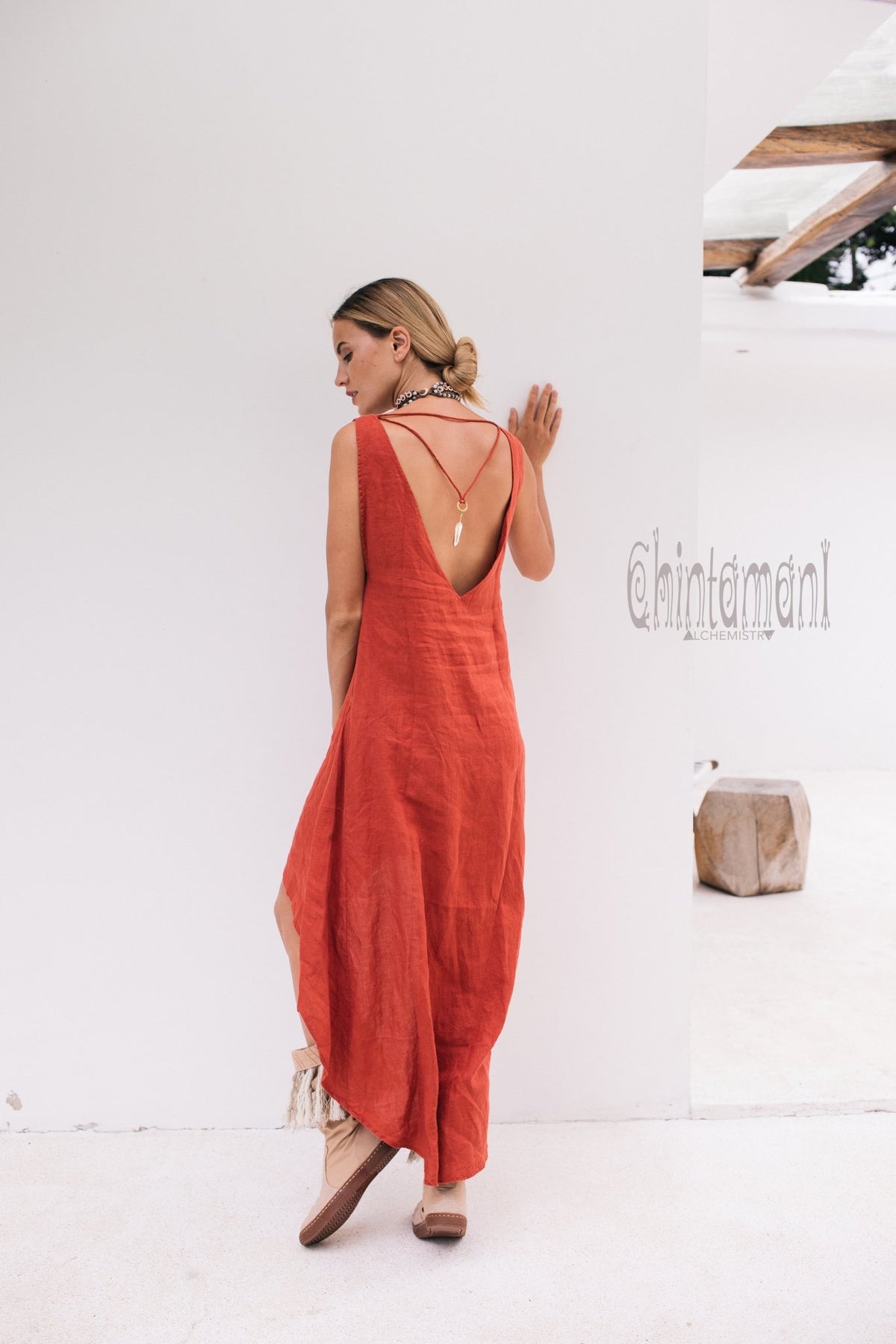 Long Linen Shirt Dress with Hood &amp; High Slit / Red Ochre - ChintamaniAlchemi