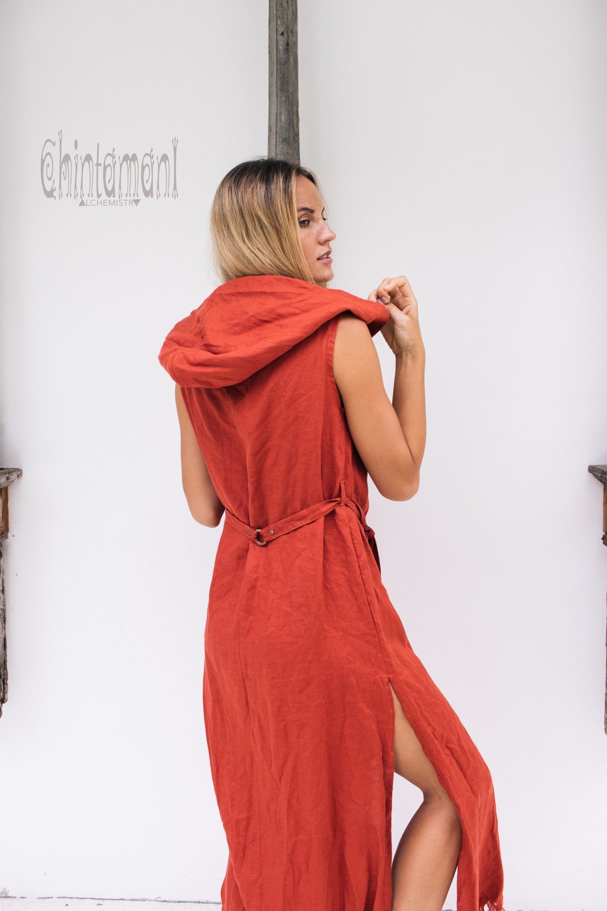 Long Linen Shirt Dress with Hood &amp; High Slit / Red Ochre - ChintamaniAlchemi