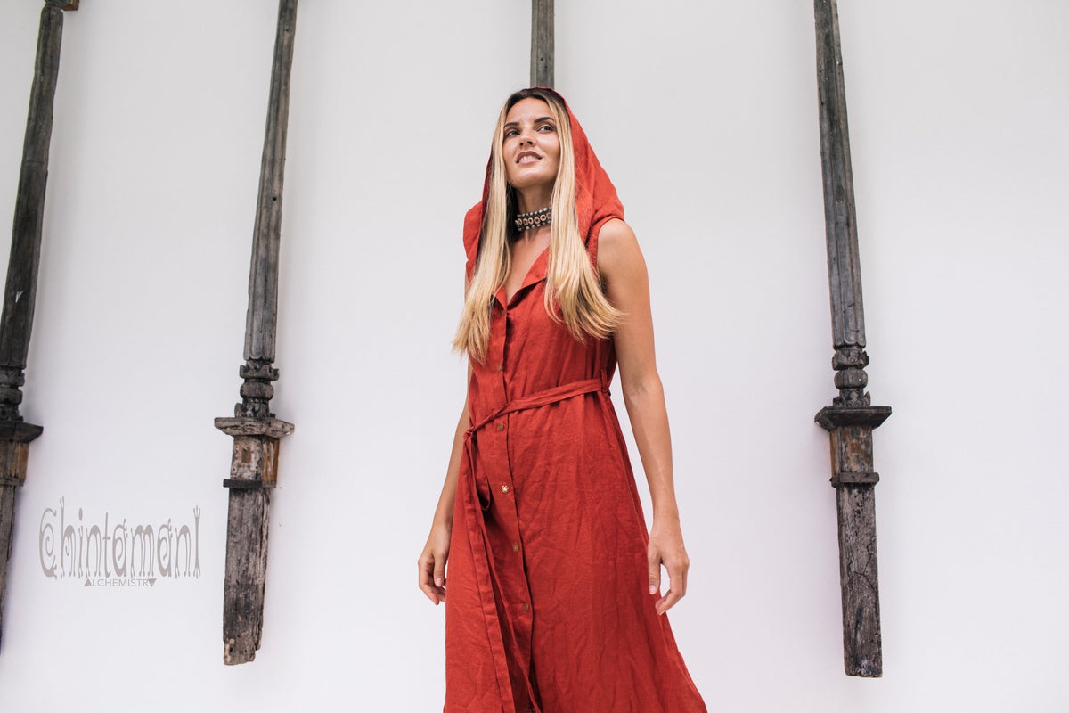 Long Linen Shirt Dress with Hood &amp; High Slit / Red Ochre - ChintamaniAlchemi