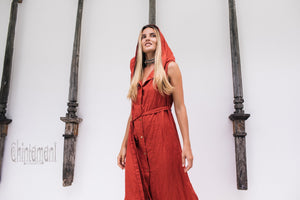 Long Linen Shirt Dress with Hood & High Slit / Red Ochre - ChintamaniAlchemi
