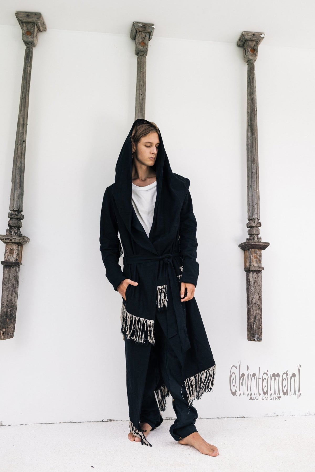 Long Linen &amp; Silk Coat for Men / Boho Hooded Cardigan / Black - ChintamaniAlchemi