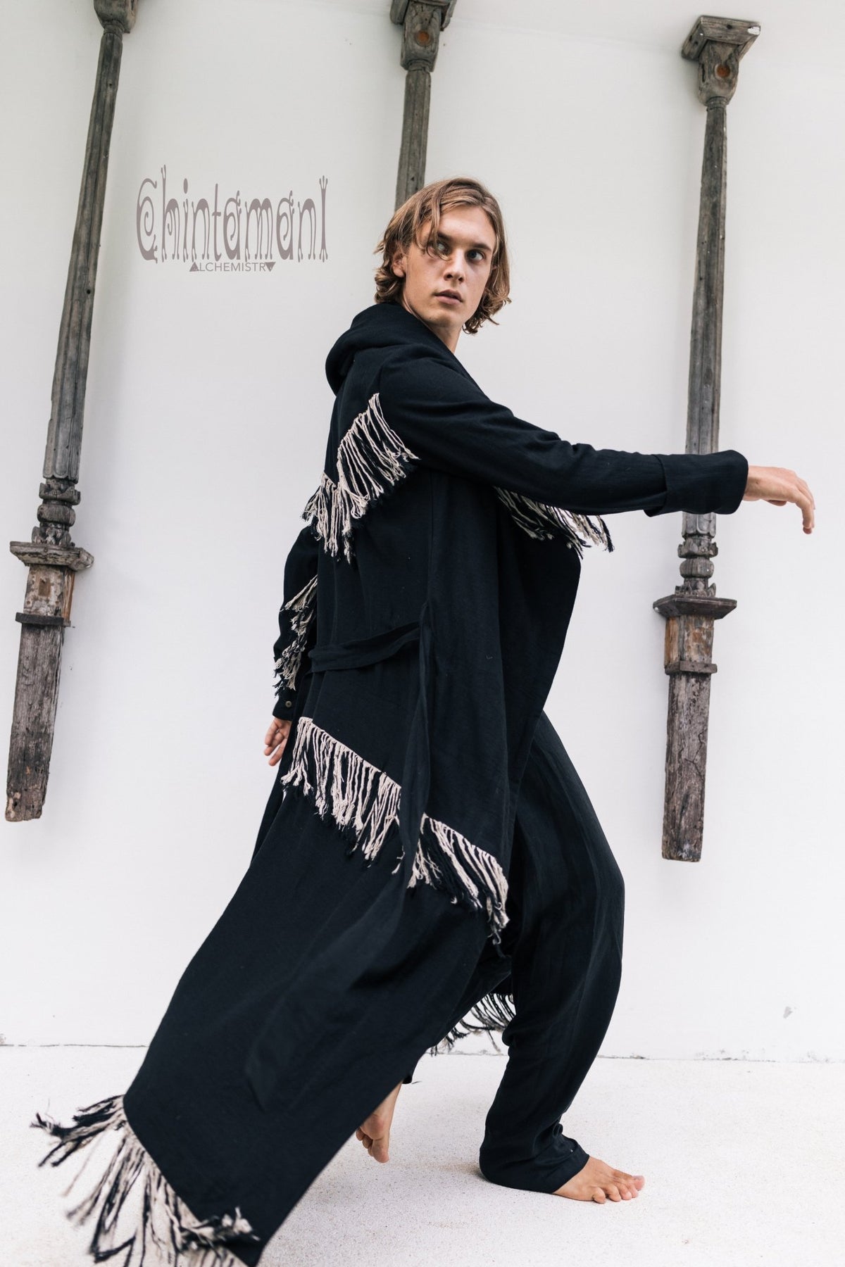 Long Linen &amp; Silk Coat for Men / Boho Hooded Cardigan / Black - ChintamaniAlchemi