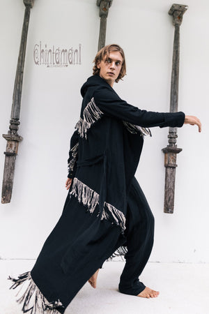 Long Linen & Silk Coat for Men / Boho Hooded Cardigan / Black - ChintamaniAlchemi