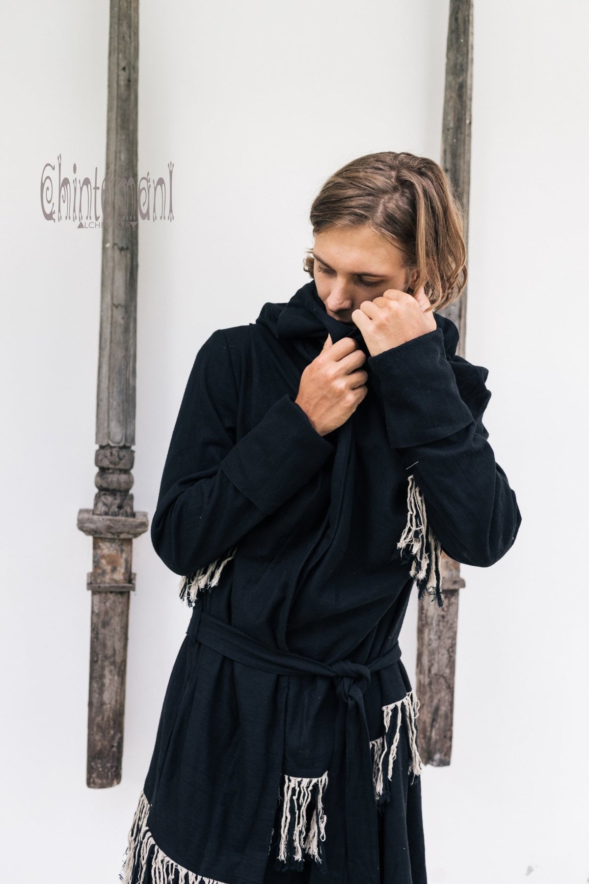 Long Linen &amp; Silk Coat for Men / Boho Hooded Cardigan / Black - ChintamaniAlchemi