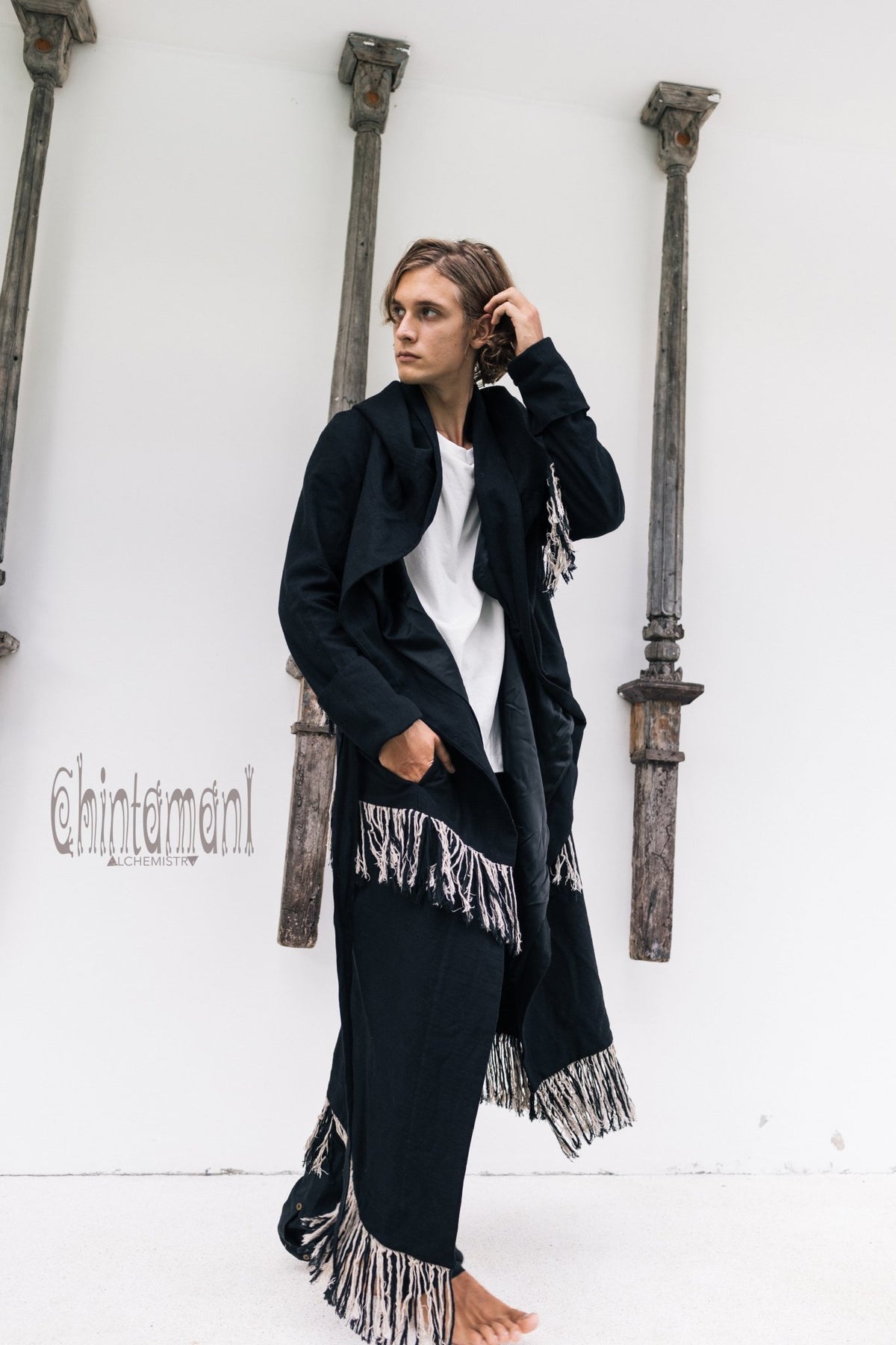 Long Linen &amp; Silk Coat for Men / Boho Hooded Cardigan / Black - ChintamaniAlchemi