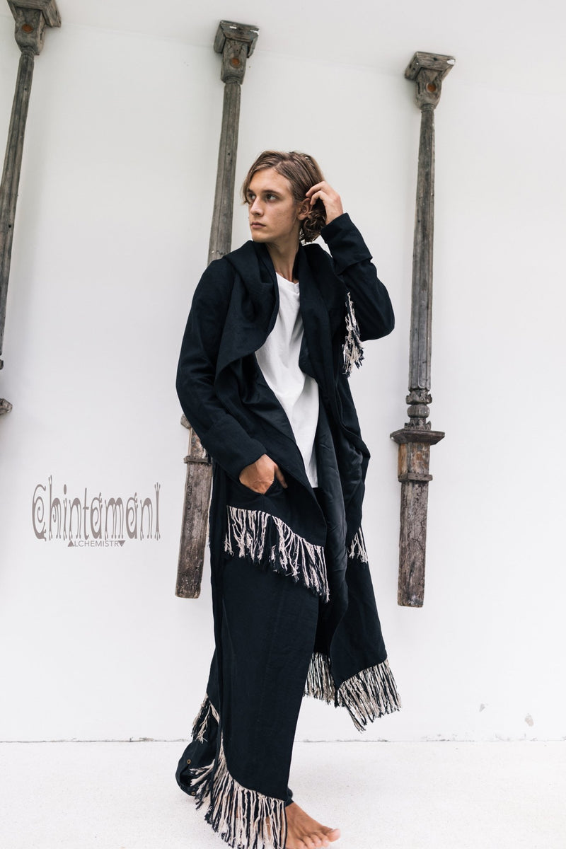 Long Linen & Silk Coat for Men / Boho Hooded Cardigan / Black - ChintamaniAlchemi