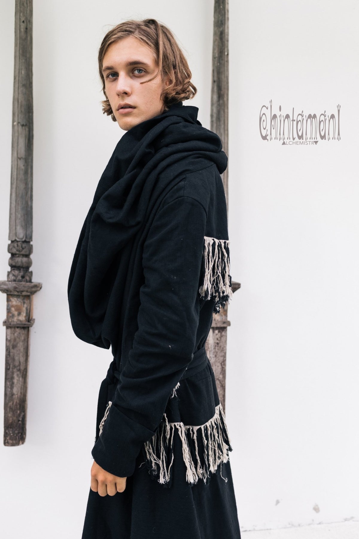 Long Linen &amp; Silk Coat for Men / Boho Hooded Cardigan / Black - ChintamaniAlchemi