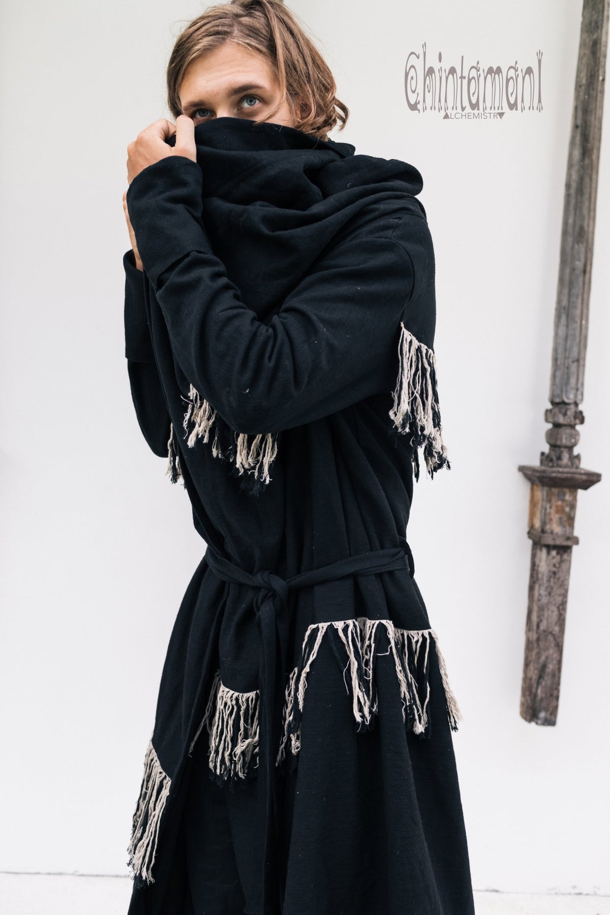 Long Linen &amp; Silk Coat for Men / Boho Hooded Cardigan / Black - ChintamaniAlchemi