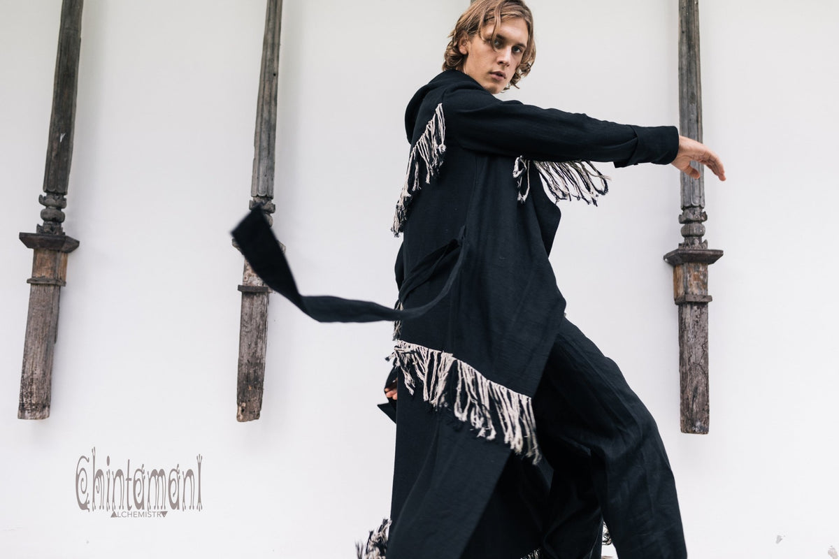 Long Linen &amp; Silk Coat for Men / Boho Hooded Cardigan / Black - ChintamaniAlchemi