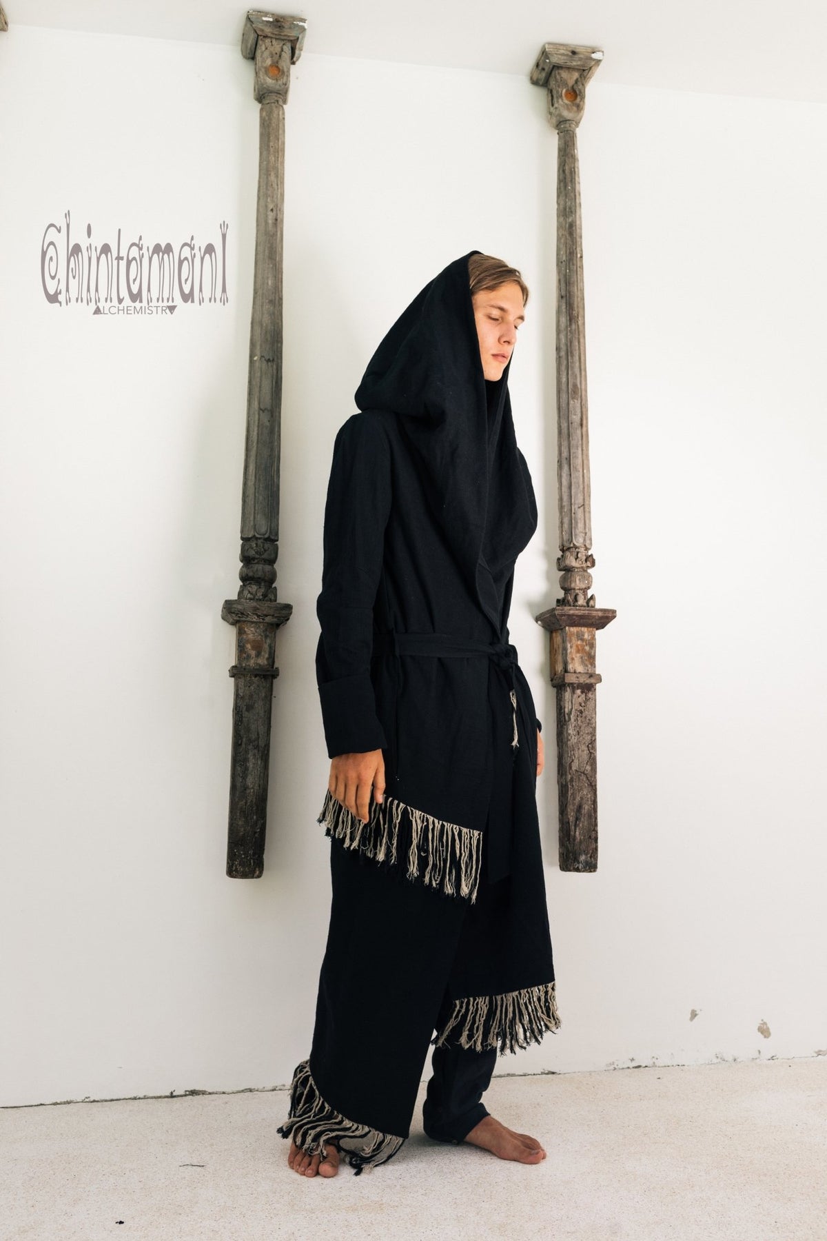 Long Linen &amp; Silk Coat for Men / Boho Hooded Cardigan / Black - ChintamaniAlchemi