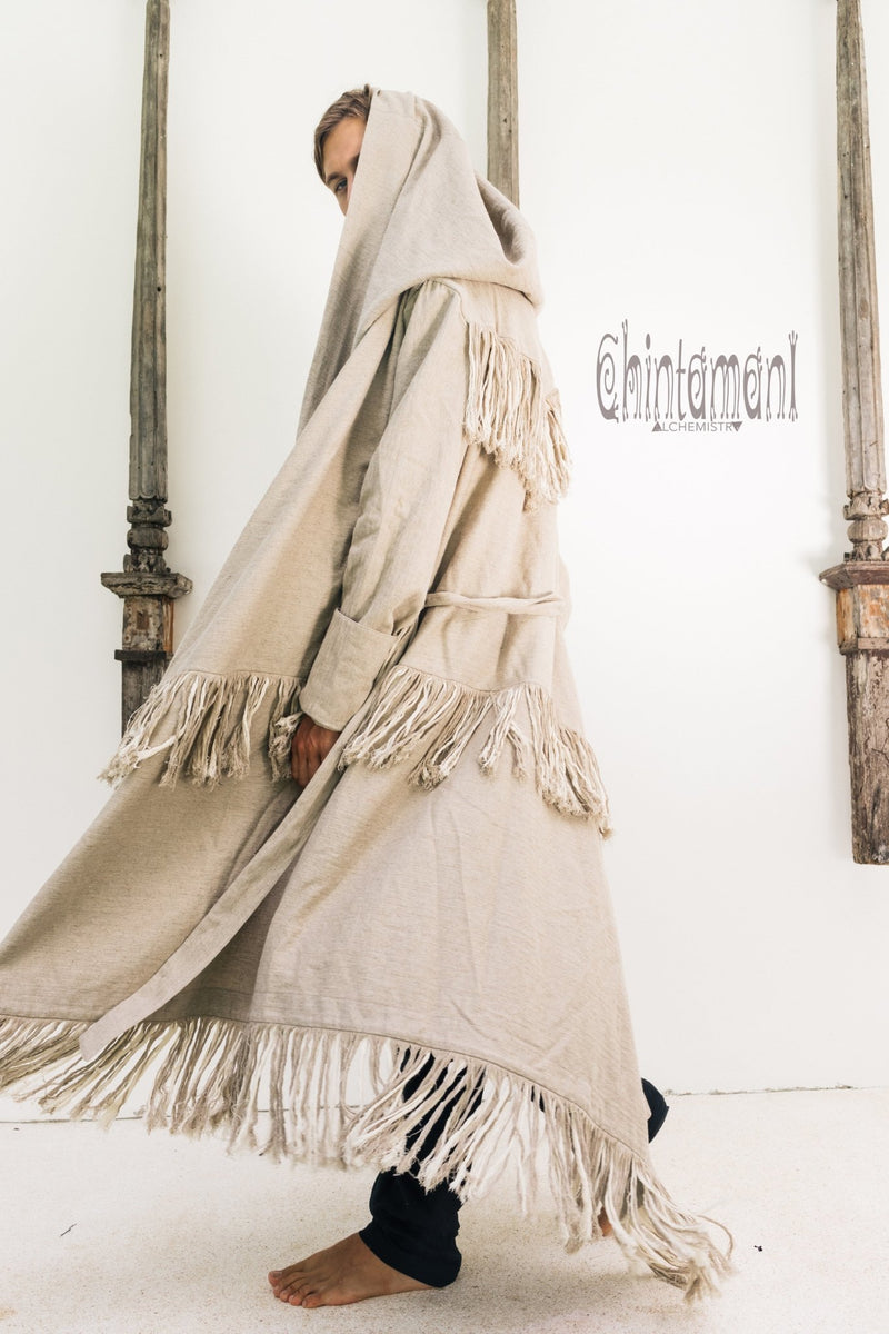 Long Linen & Silk Coat for Men / Boho Hooded Cardigan / Gray - ChintamaniAlchemi