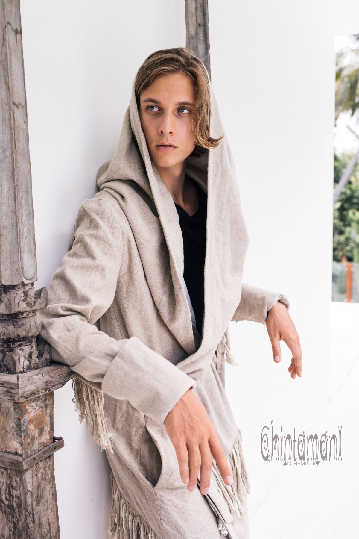 Long Linen &amp; Silk Coat for Men / Boho Hooded Cardigan / Gray - ChintamaniAlchemi