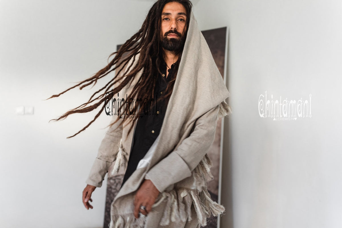 Long Linen &amp; Silk Coat for Men / Boho Hooded Cardigan / Gray - ChintamaniAlchemi