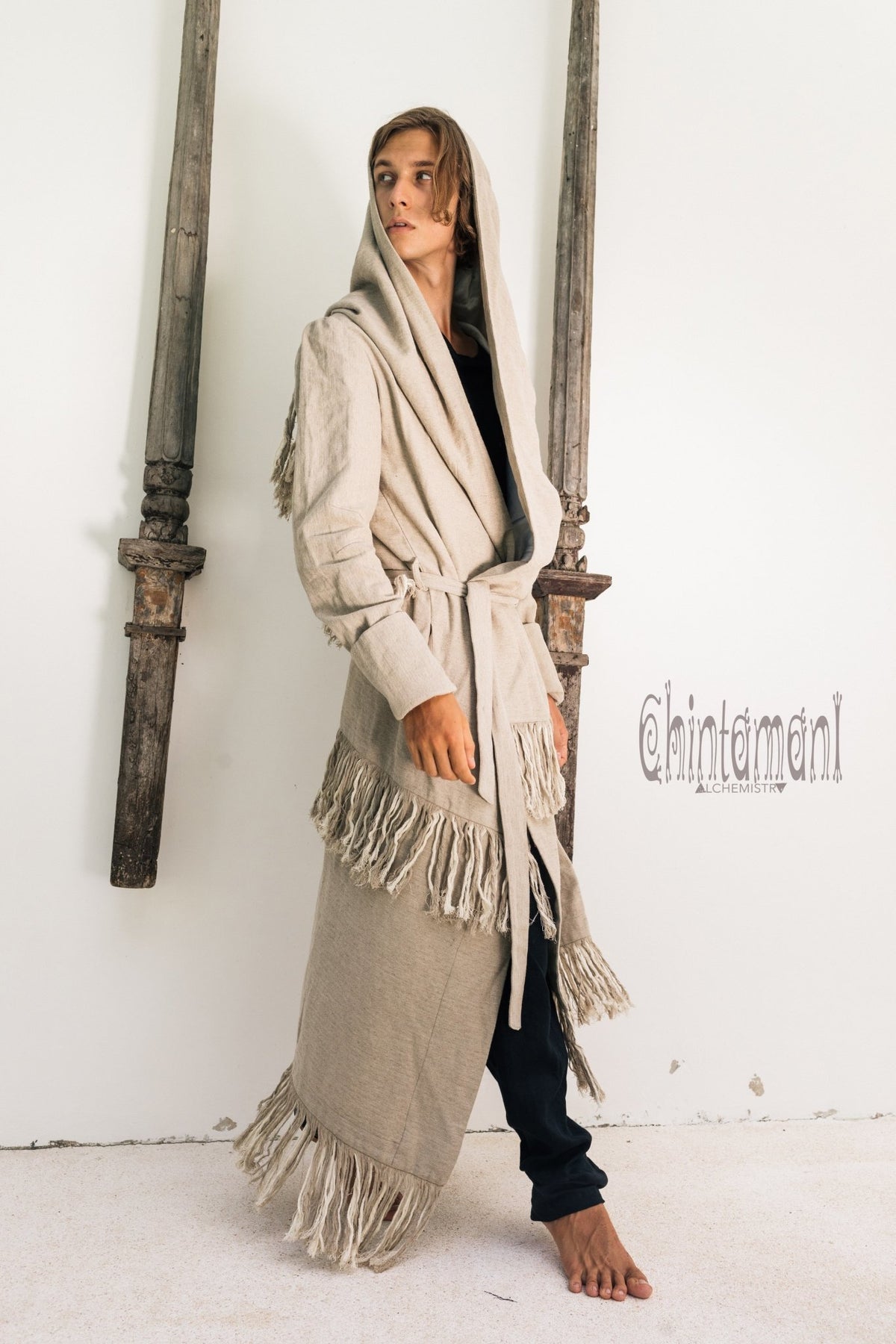 Long Linen &amp; Silk Coat for Men / Boho Hooded Cardigan / Gray - ChintamaniAlchemi