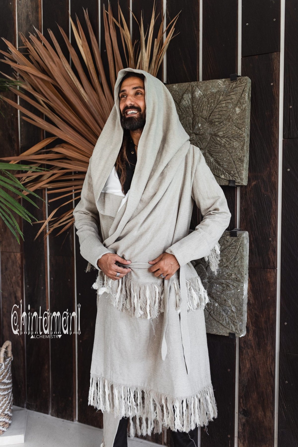 Long Linen &amp; Silk Coat for Men / Boho Hooded Cardigan / Gray - ChintamaniAlchemi