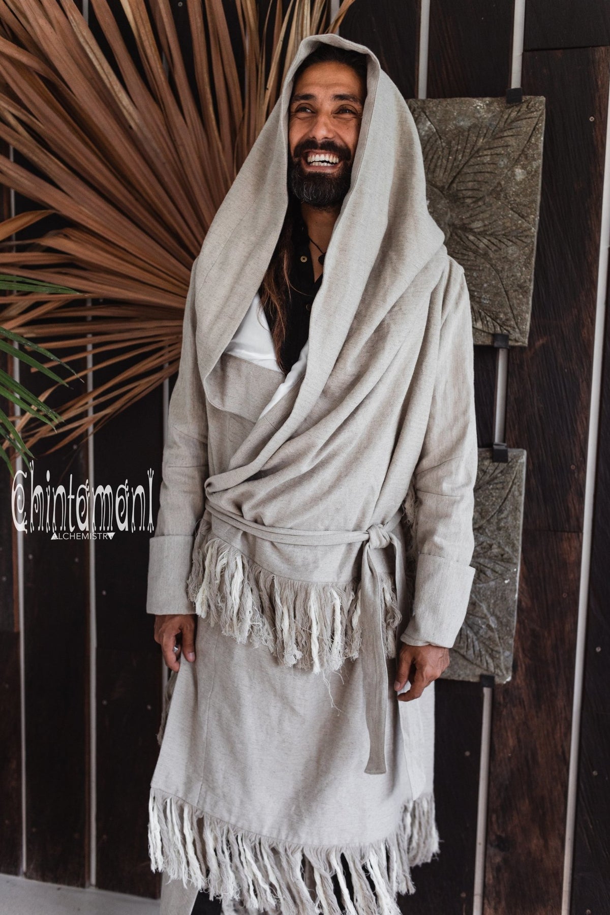 Long Linen &amp; Silk Coat for Men / Boho Hooded Cardigan / Gray - ChintamaniAlchemi