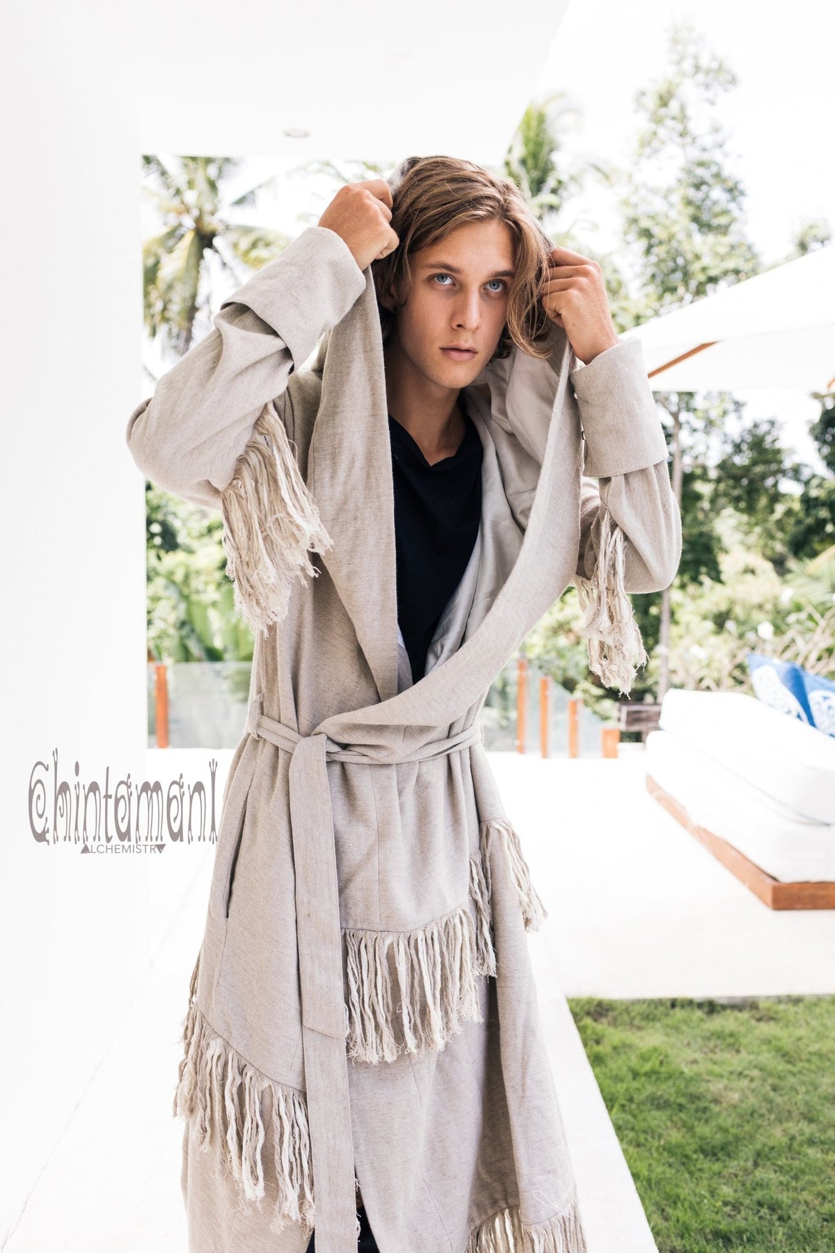 Long Linen &amp; Silk Coat for Men / Boho Hooded Cardigan / Gray - ChintamaniAlchemi