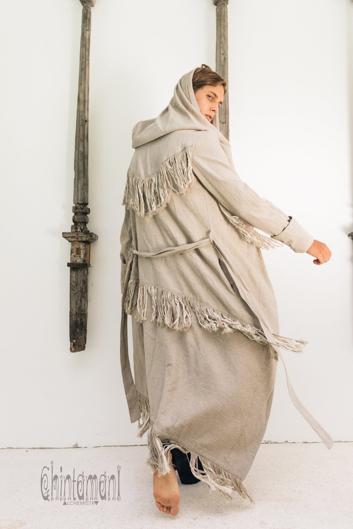 Long Linen &amp; Silk Coat for Men / Boho Hooded Cardigan / Gray - ChintamaniAlchemi