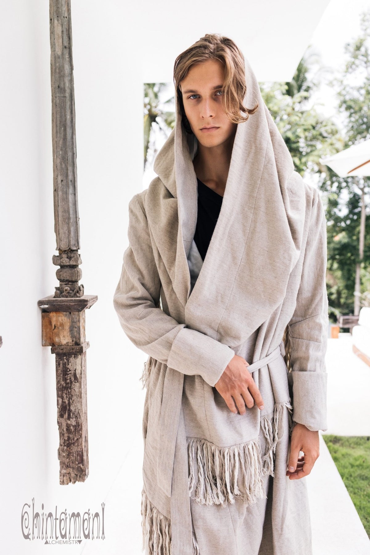 Long Linen &amp; Silk Coat for Men / Boho Hooded Cardigan / Gray - ChintamaniAlchemi