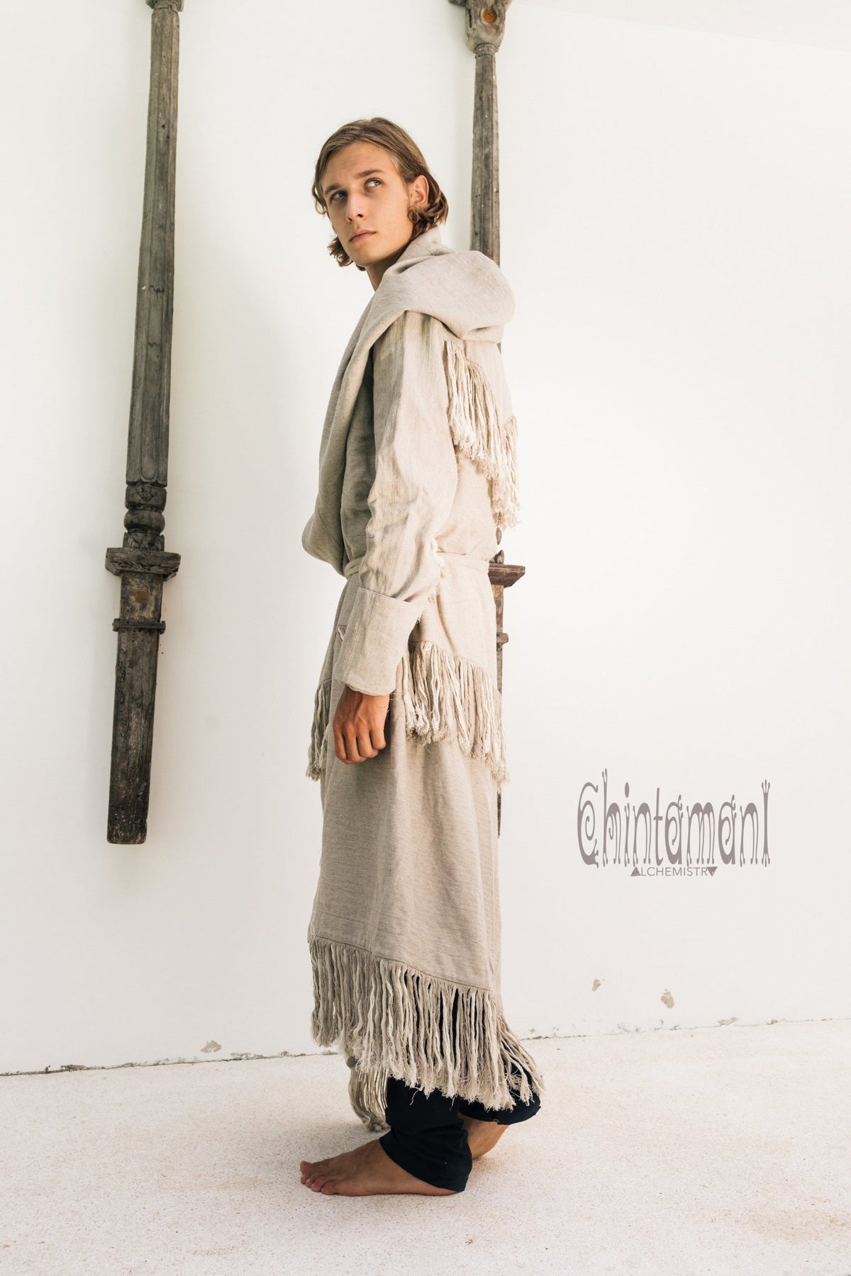 Long Linen &amp; Silk Coat for Men / Boho Hooded Cardigan / Gray - ChintamaniAlchemi