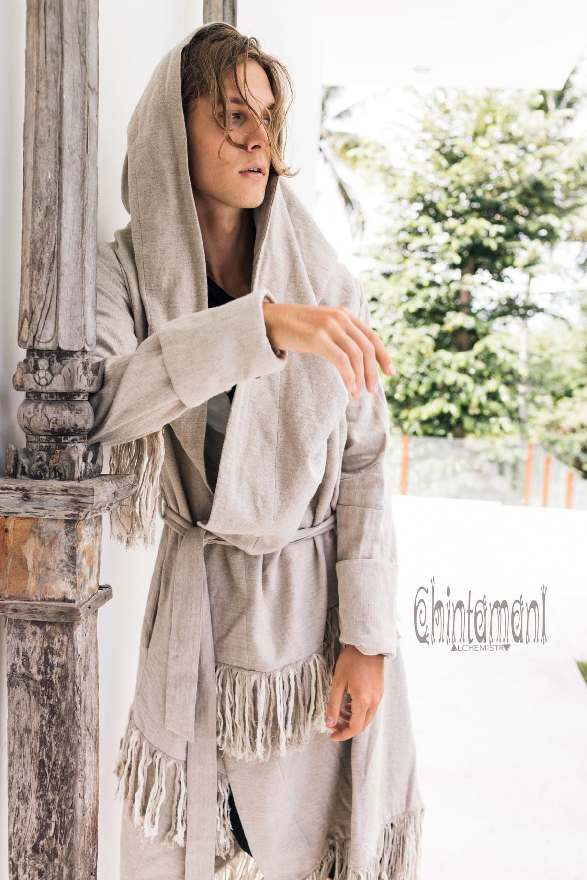 Long Linen &amp; Silk Coat for Men / Boho Hooded Cardigan / Gray - ChintamaniAlchemi