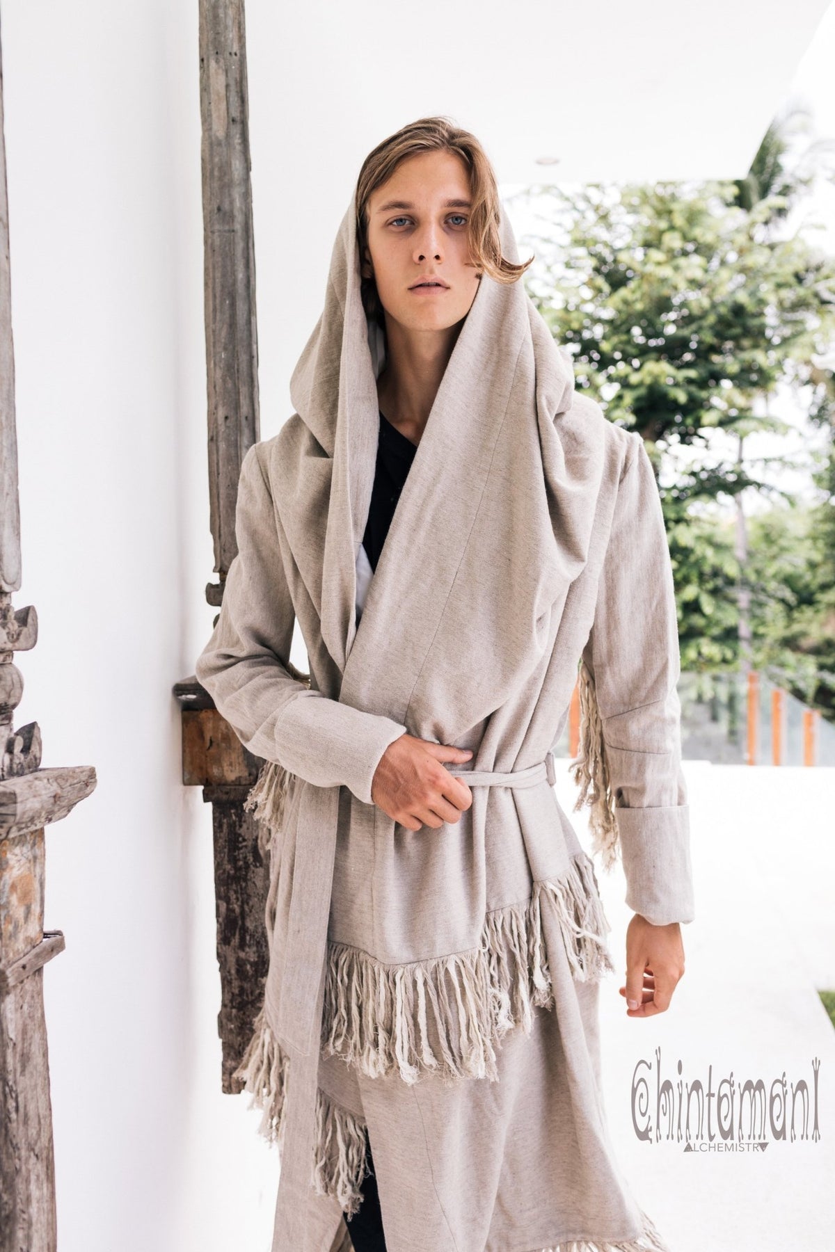 Long Linen &amp; Silk Coat for Men / Boho Hooded Cardigan / Gray - ChintamaniAlchemi