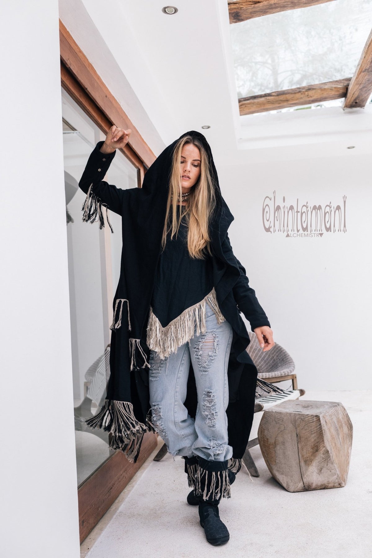 Long Linen &amp; Silk Coat for Women / Boho Hooded Cardigan / Black - ChintamaniAlchemi