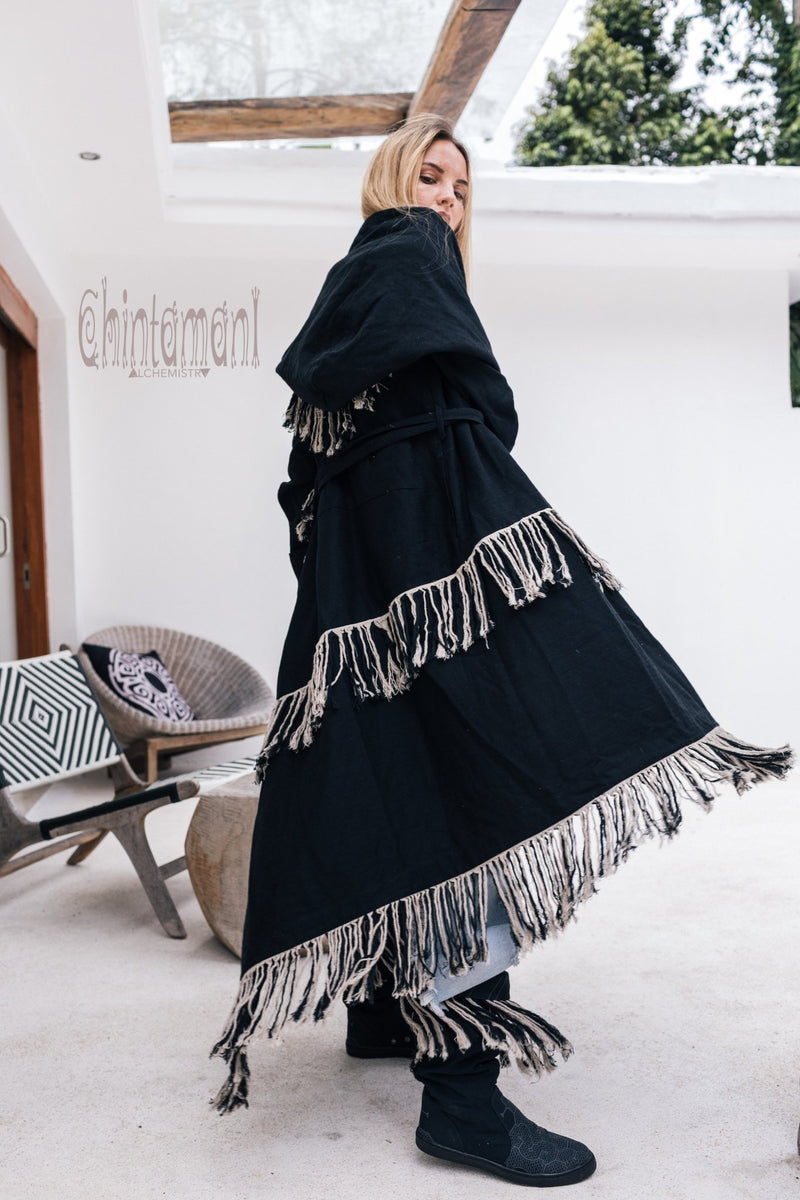 Long Linen & Silk Coat for Women / Boho Hooded Cardigan / Black - ChintamaniAlchemi