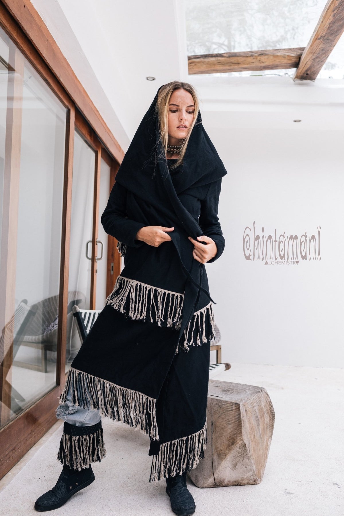 Long Linen &amp; Silk Coat for Women / Boho Hooded Cardigan / Black - ChintamaniAlchemi