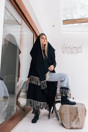 Long Linen & Silk Coat for Women / Boho Hooded Cardigan / Black - ChintamaniAlchemi