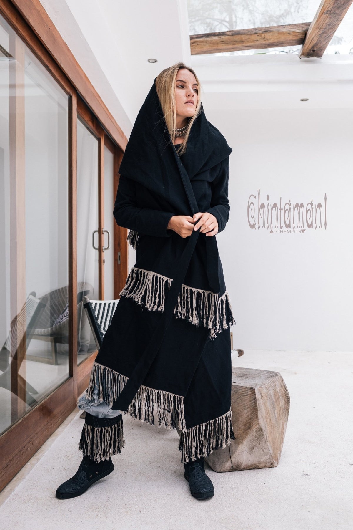 Long Linen &amp; Silk Coat for Women / Boho Hooded Cardigan / Black - ChintamaniAlchemi