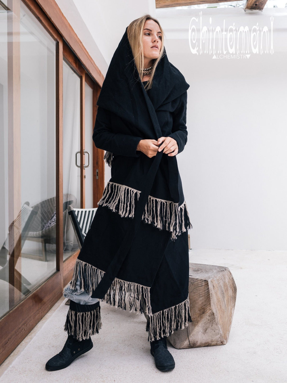 Long Linen &amp; Silk Coat for Women / Boho Hooded Cardigan / Black - ChintamaniAlchemi