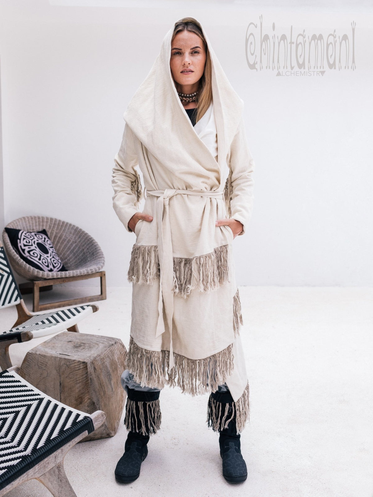 Long Linen &amp; Silk Coat for Women / Boho Hooded Cardigan / Cream - ChintamaniAlchemi