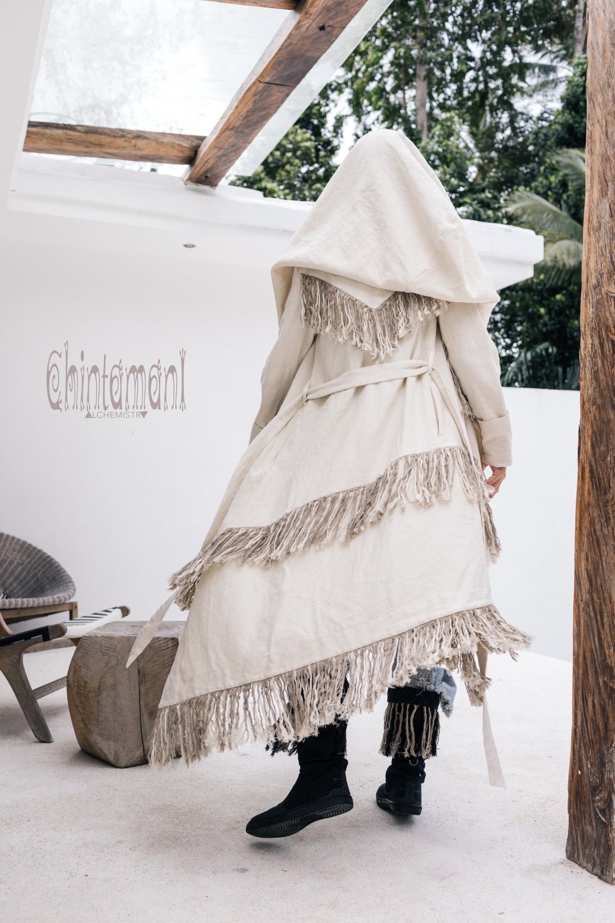 Long Linen &amp; Silk Coat for Women / Boho Hooded Cardigan / Cream - ChintamaniAlchemi