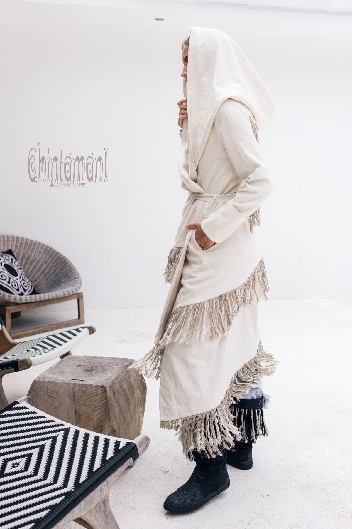 Long Linen &amp; Silk Coat for Women / Boho Hooded Cardigan / Cream - ChintamaniAlchemi