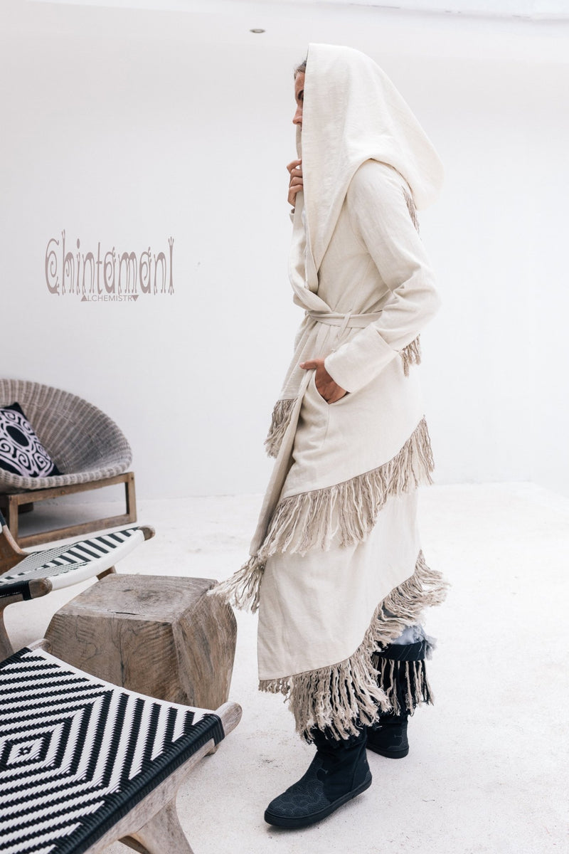 Long Linen & Silk Coat for Women / Boho Hooded Cardigan / Cream - ChintamaniAlchemi