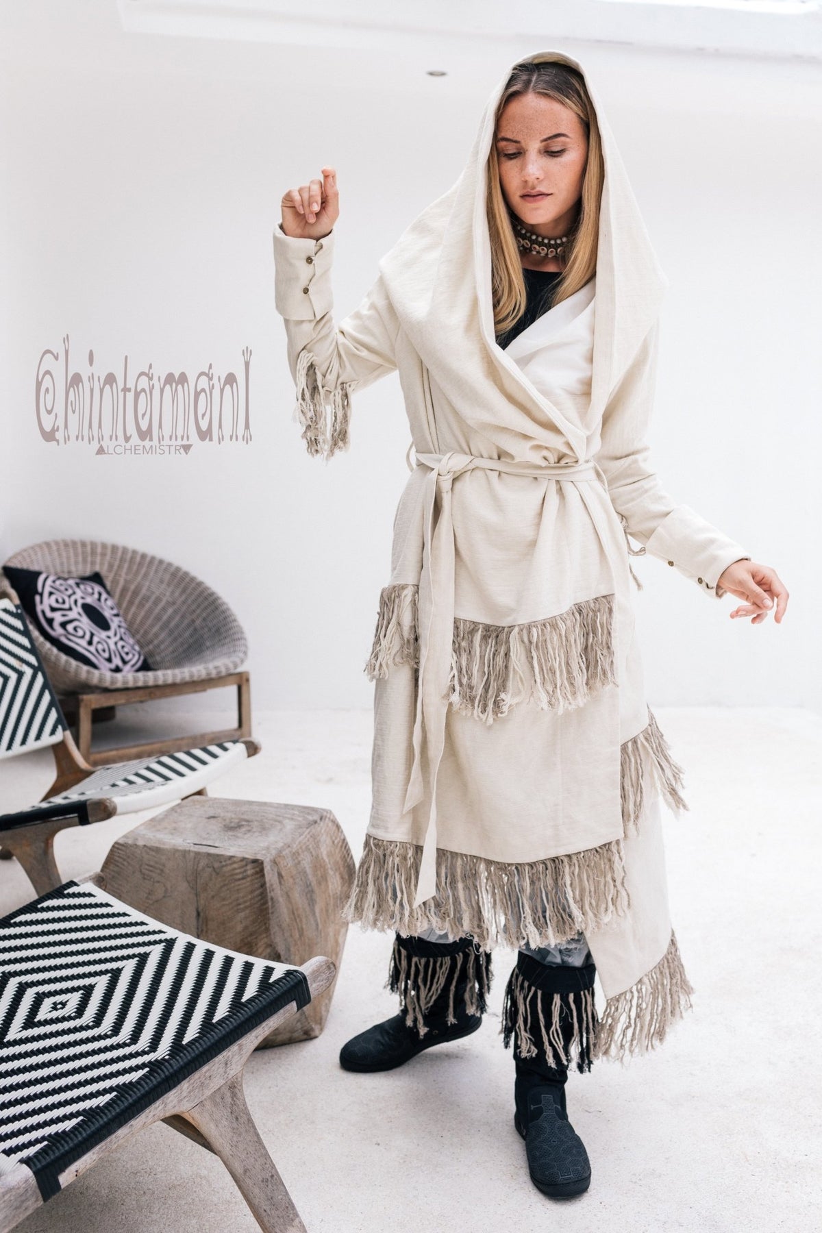 Long Linen &amp; Silk Coat for Women / Boho Hooded Cardigan / Cream - ChintamaniAlchemi