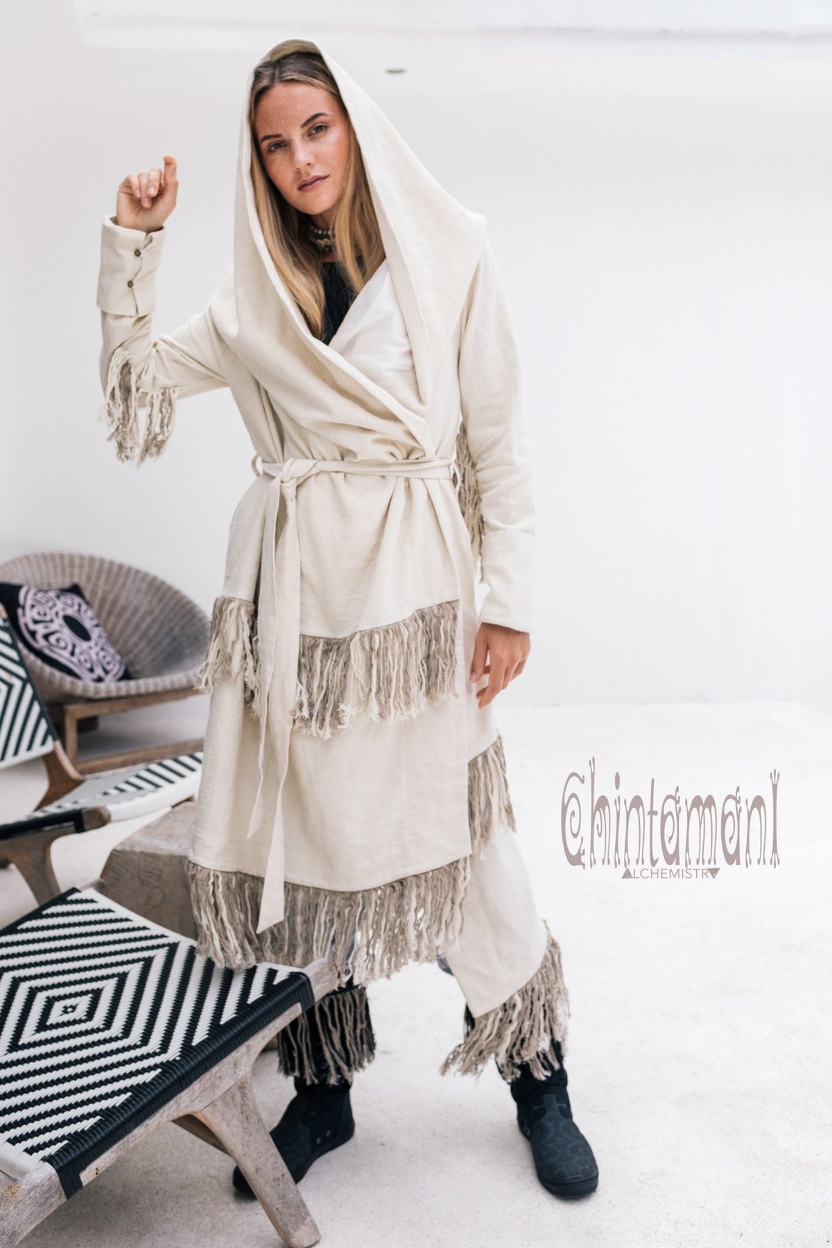 Long Linen &amp; Silk Coat for Women / Boho Hooded Cardigan / Cream - ChintamaniAlchemi