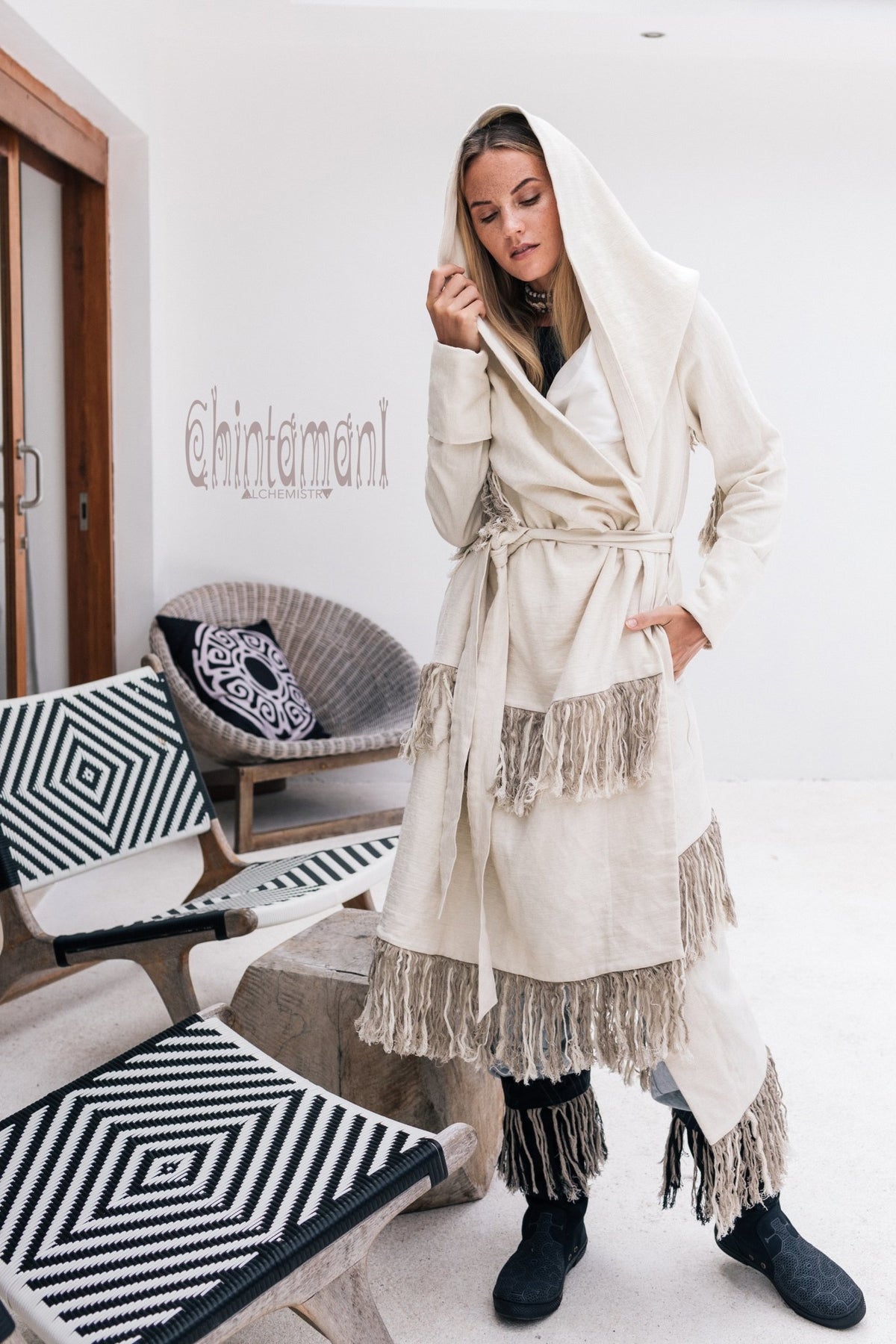 Long Linen &amp; Silk Coat for Women / Boho Hooded Cardigan / Cream - ChintamaniAlchemi