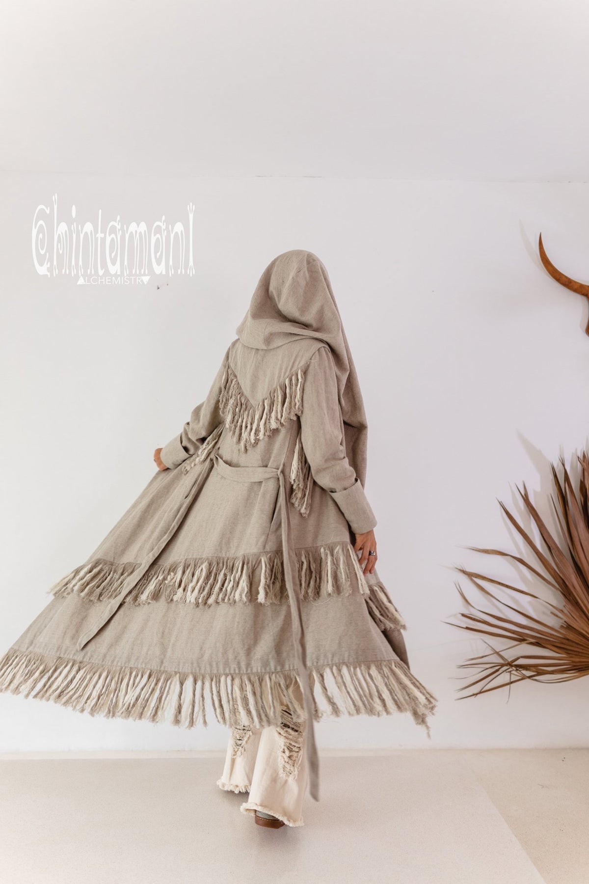 Long Linen &amp; Silk Coat for Women / Boho Hooded Cardigan / Gray - ChintamaniAlchemi