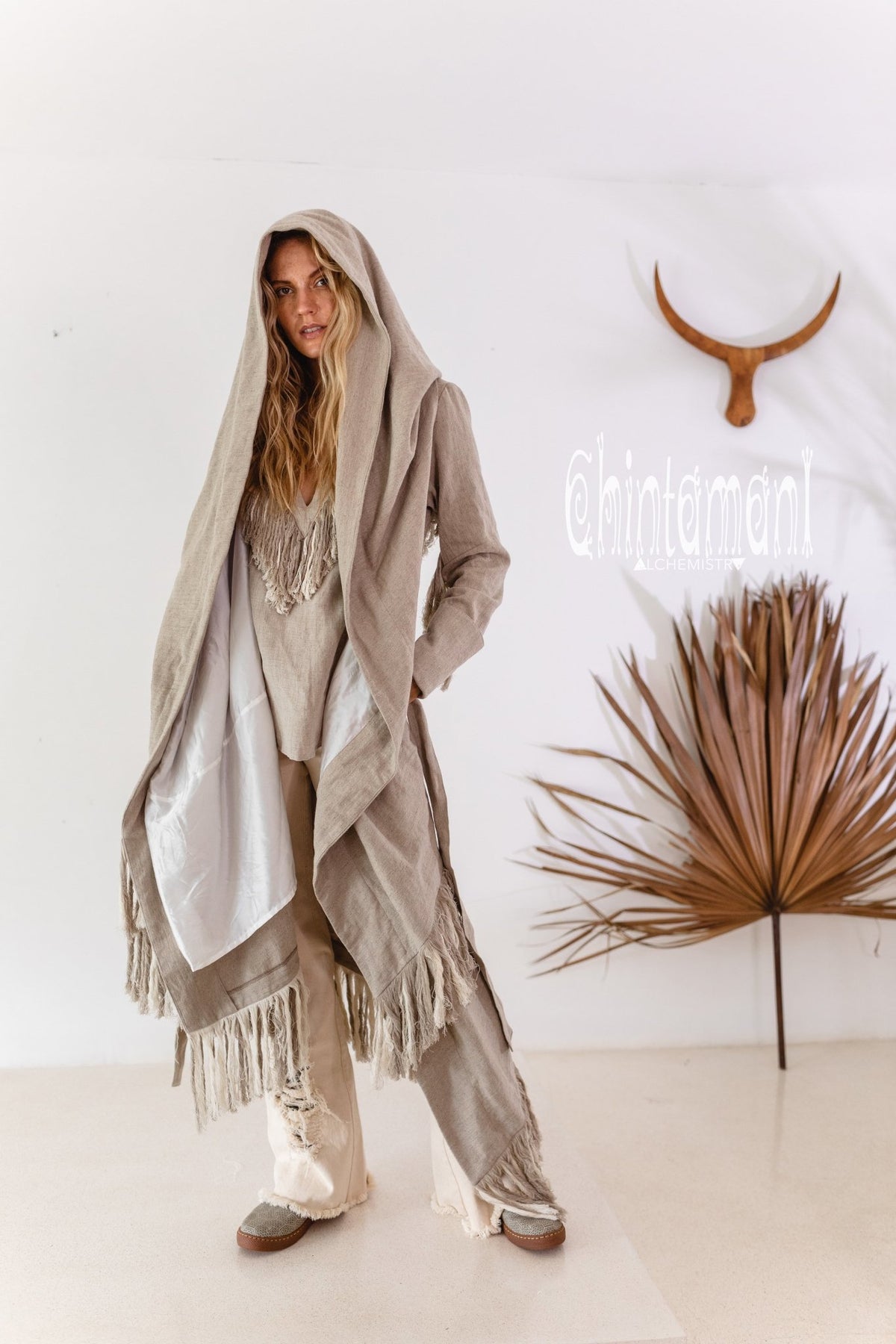 Long Linen &amp; Silk Coat for Women / Boho Hooded Cardigan / Gray - ChintamaniAlchemi