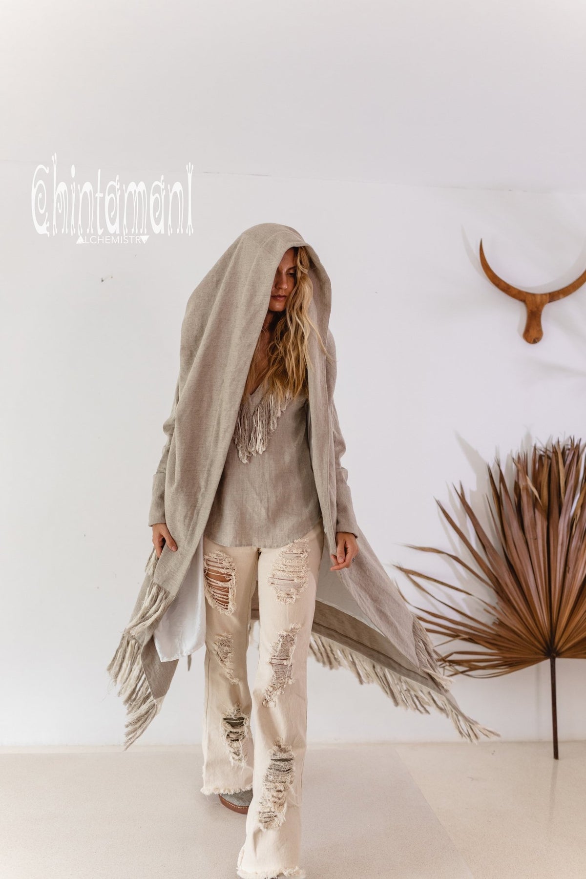 Long Linen &amp; Silk Coat for Women / Boho Hooded Cardigan / Gray - ChintamaniAlchemi