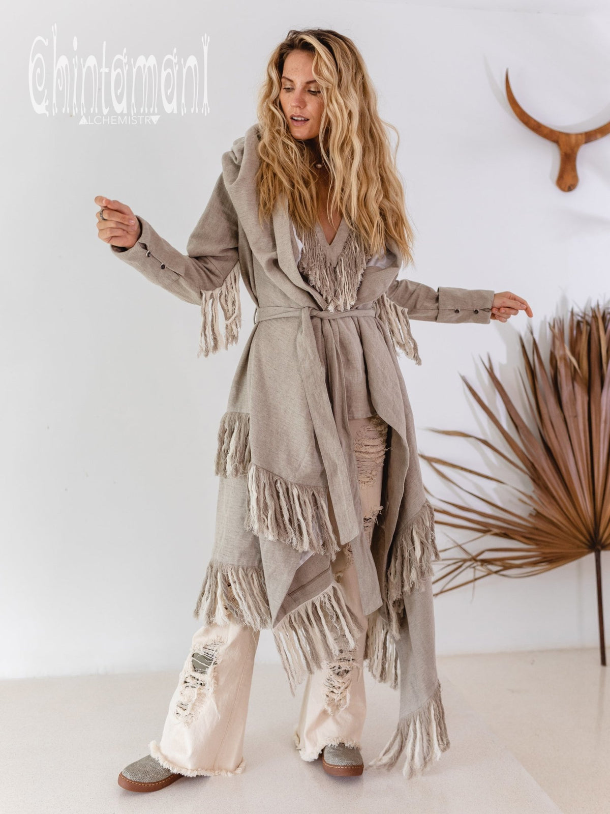 Long Linen &amp; Silk Coat for Women / Boho Hooded Cardigan / Gray - ChintamaniAlchemi