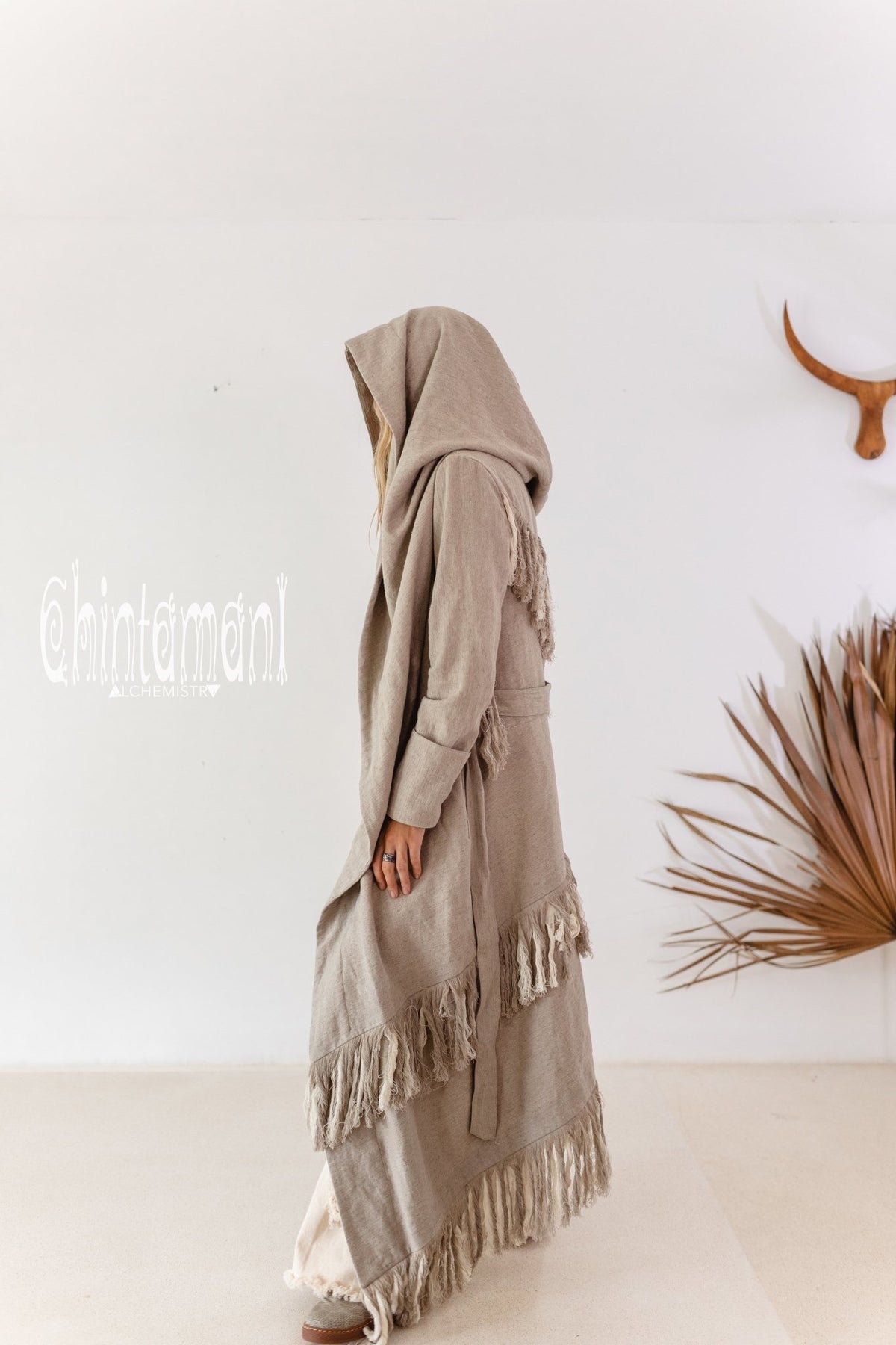 Long Linen &amp; Silk Coat for Women / Boho Hooded Cardigan / Gray - ChintamaniAlchemi