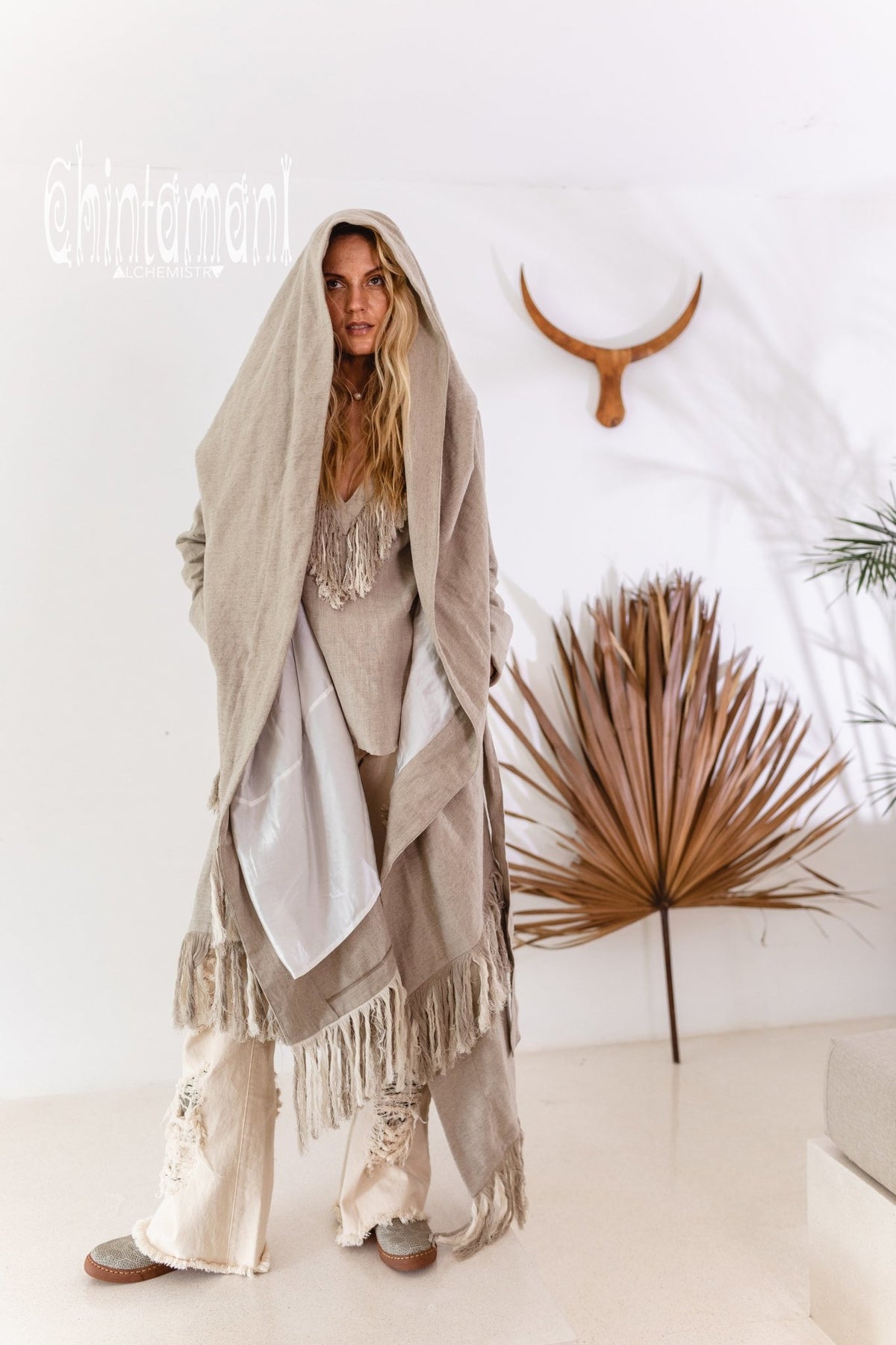 Long Linen &amp; Silk Coat for Women / Boho Hooded Cardigan / Gray - ChintamaniAlchemi