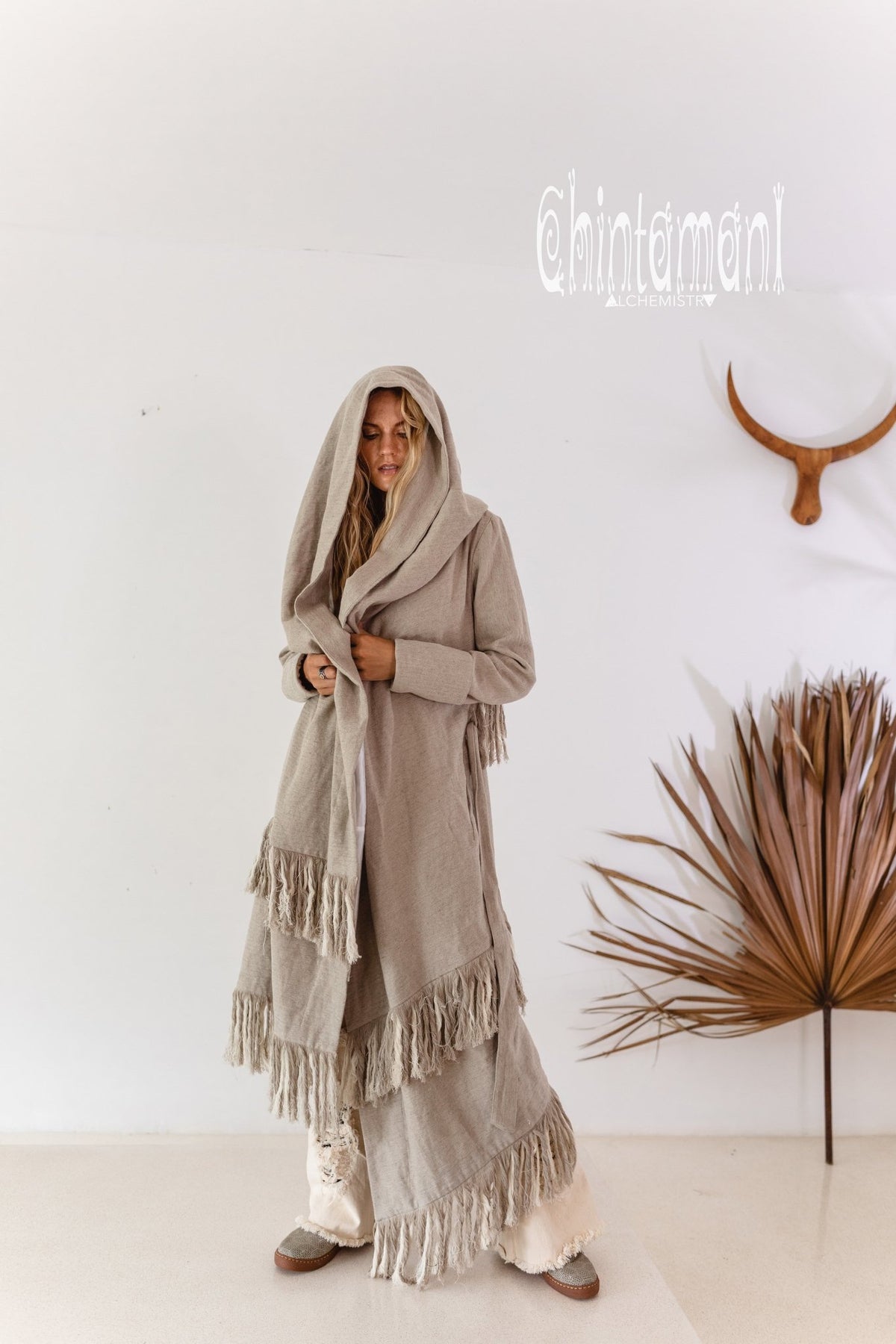 Long Linen &amp; Silk Coat for Women / Boho Hooded Cardigan / Gray - ChintamaniAlchemi