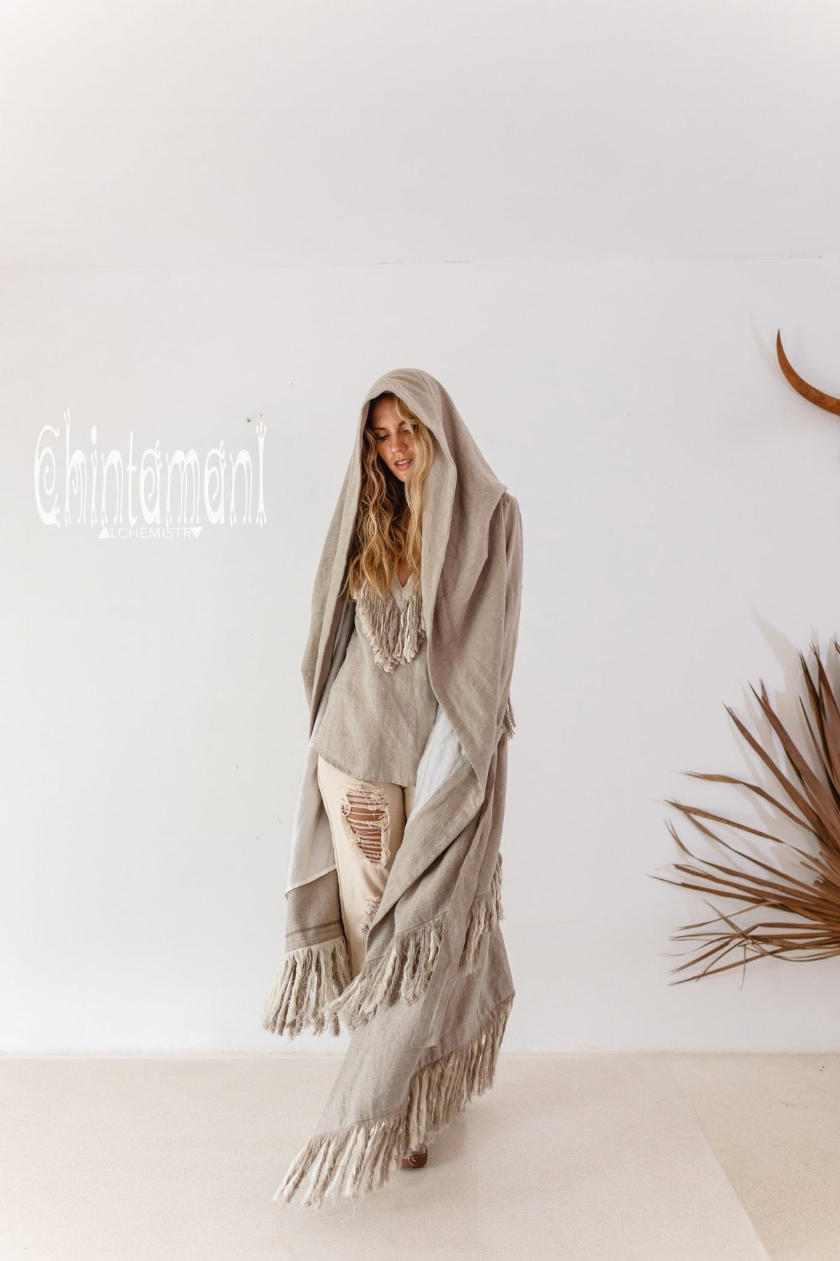 Long Linen &amp; Silk Coat for Women / Boho Hooded Cardigan / Gray - ChintamaniAlchemi