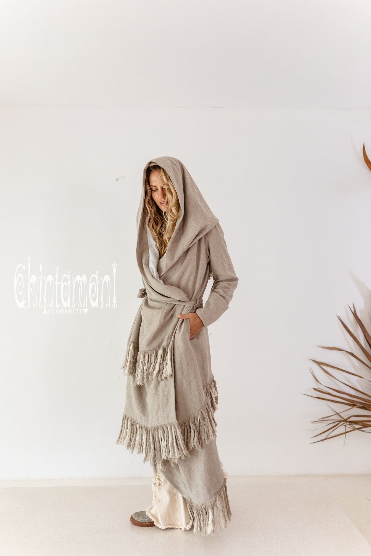 Long Linen &amp; Silk Coat for Women / Boho Hooded Cardigan / Gray - ChintamaniAlchemi