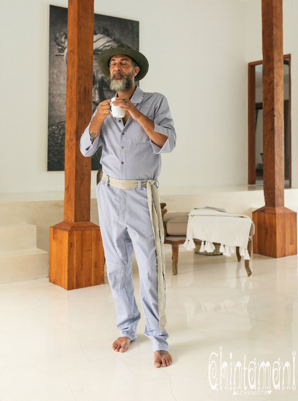 Long Overalls for Men / Coverall Jumpsuit with Belt / Blue - ChintamaniAlchemi